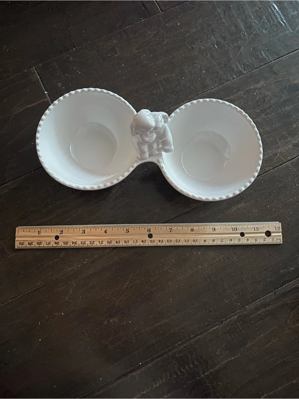 White Ceramic Double Dish with Decorative Bunnies